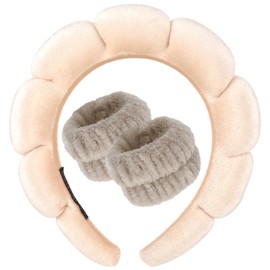 DRESHOW Spa Headband for Washing Face Wristband Set Sponge Soft Terry Cloth Makeup Skin Care Non-Slip Headband for Women, 1 set: 83b-champagne