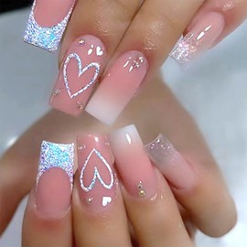 24Pcs French Tip Press on Nails Medium Length Nude Pink Fake Nails Square Tip Glitter Designs Valentine's Day Artificial Nail Heart False Nails Glue on Nails for Women DIY Acrylic Nails Decorations