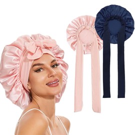 ERBO 2 Stück Seidenhaube zum Schlafen, Silk Bonnet, Verstellbare Schlafhaube Seide, Bonnet Sleep Cap, Satin Haarhaube Damen, Seidenhaube zum Schlafen Lange Haare Locken (Sakura Rosa+Dunkelblau)