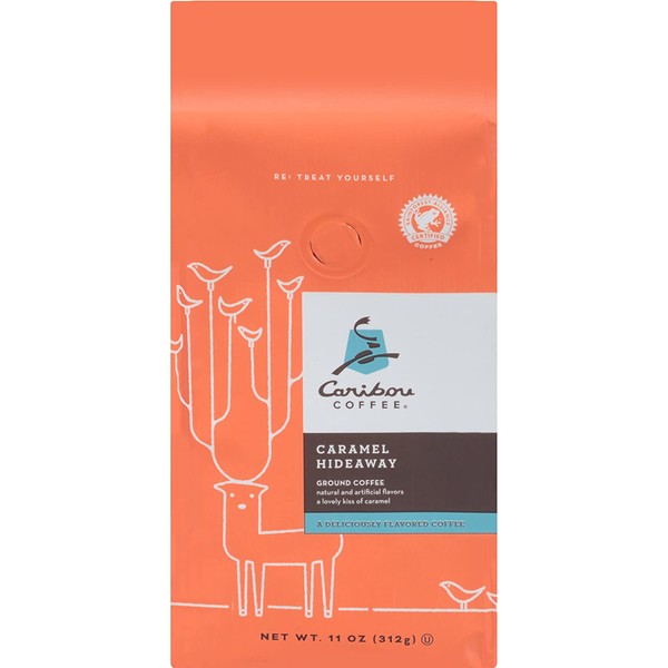 Caribou Coffee, Flavored Caramel Hideaway, Ground Coffee, 11 oz. Bag, Smooth & Lightly Sweet Caramel Flavored Arabica Coffee, with Notes of Whipped Cream & Artisanal Caramel; Sustainable Sourcing