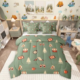 Camper Adventure Theme 7 Pieces Bedding Set Full Size,Happy Camping Bed in a Bag,Cartoon Tent Travel Bag Bed Set Includes Comforter,Sheet Set,Pillowcases & Pillow Covers,Camping Lover Bedroom Decor