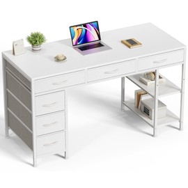 Huuger Computer Desk with 6 Drawers, Office Desk with Shelves, Reversible Gaming Desk, Corner Desk with Storage, Work for Home Office, Study, Living Room, 47inch, White