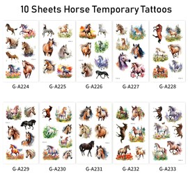 10 Sheets Horse Temporary Tattoos, Horse Party Favors Supplies Birthday Decorations Wild Horse Tattoo Stickers for Kids Boys Girls Gifts Goodie Bags Fillers Prizes Rewards