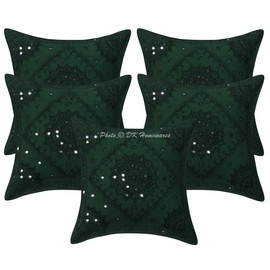 DK Homewares Indian Ethnic Cotton Cushion Covers 40 x 40 cm Dark Green Mirrored Embroidered Sofa Decorative Cushion Covers 40 x 40 cm Square Living Room Cushion Covers (Set of 5)