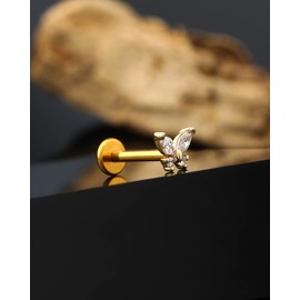 Jewseen 14K Gold Threadless Stud Earrings Cartilage Earring Butterfly Flat Back Stud Helix Jewellery Tragus Stud Earrings for Women Men, Yellow Gold Cubic Zirconia Titanium