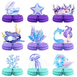 9 PCS Mermaid Party Centerpieces, Ocean Themed Mermaid Honeycomb Table Decorations, Marine Creature Table Topper for Girls Birthday Party Baby Shower