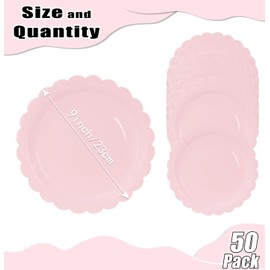 HEIPINIUYE 50 Pieces Light Pink Paper Plates 9 Inch Pink Scalloped Plates Disposable Dinner Plates for Wedding Baby Shower Birthday Party Dessert Plates