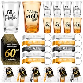Domensi 50 Sets 60th Birthday Party Favors for Guests Bulk Include Cheers to 60 Short Glasses Beer Bottle Opener Keychains Thank You Cards with Gift Bags and Ropes for Birthday Party Gifts