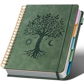 Ovesmusl Hardcover Spiral Notebook 8.5" x 11" with 5 Removable Dividers 300 Pages Leather 5 Subject Notebook College Ruled 100GSM Large Spiral Notebooks for Work Thick Lined Journal for Women, Green