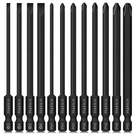 Hakkin 12Pcs 100mm Magnetic Flat Slotted Phillips Cross Head Screwdriver Bit Set S2 Steel 1/4” Hex Shank for Impact Power Tool SL3 SL4 SL5 SL6 PH1 PH2 PH3