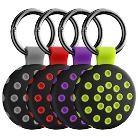 MYBAT PRO 4 Pack Silicone AirTag Holder, AirTag Protective Cover with Metal Keychain, AirTag Case Key Ring Suitable for Kids' Backpacks, Luggage, Dog Collar, Keys - Black Grey/Red/Purple/Green