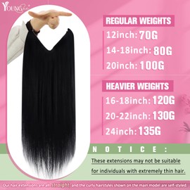YoungSee Wire Hair Extensions Real Human Hair Black Wire Extensions with Adjustable Clips Hidden Transparent Line Hair Extensions Black Comfortable Wire Couture Human Hair Extension for Women 80G 16In