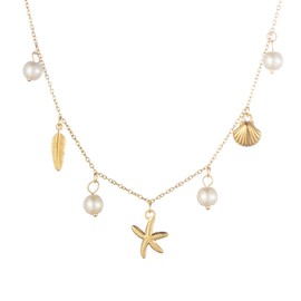 Gold Charm Necklace for Women 18K Gold Shell sea turtle Starfish Necklace White Pearl Choker Necklaces Summer Beach seashell necklace Jewelry for Women Gift (Gold-C)