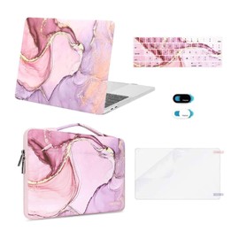 MOSISO Funda Compatible con MacBook Pro 13 M2 2024-2016 A2338 M1 A2251 A2289 A2159 A1989 A1708 A1706,Carcasa Rígida&Bolsa&Piel de Teclado&Cubierta de Webcam&Pantalla Protector,Mármol MO-MBH216, Rosa