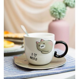 Ebros Pack Of 2 Brown Pink Ears Maneki Neko Cat Mugs Saucer And Notched Spoon