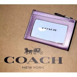 COACH Mini Skinny ID Case Cardholder Keychain Wallet Pink Metallic Leather NEW!!