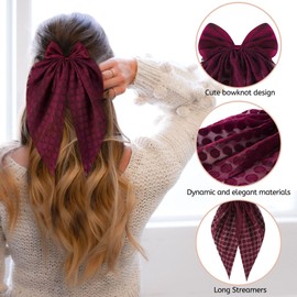 Large Hair Bows for Women,Silky Stain Hair Ribbon Hair Bow Clips With Long Tail,French Barrettes for Girls Retro Accessories,Wine Red