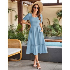 GRACE KARIN 2025 Summer Casual Dresses for Women Puff Short Sleeve Smocked Ruffle Midi Dress Boho Flowy Dress Blue M
