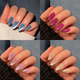 KQueenest 4 Packs Soft Gel Press On Nails Almond, Cat Eye Press On Nails Medium, Brighter Glitter Fake Nails Press Ons Stiletto, Pastel Sparkle Chrome Glue On Nails for Women Gift, 120 Pcs