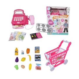 Kids Shopping Cart Toy Set, Pretend Play Store Cashier Register with Sound Effects, Calculator, Scanner, Toy Food, Play Money, 40+ Pieces