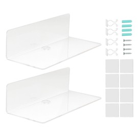 2Pcs Clear Floating Shelf Acrylic Fine Surface Delicate Modern Transparent Wall Mount Shelf Rack for Bathroom Office