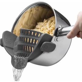 Kitchen Gizmo Hands Free Clip On Strainer Gray Silicone Dishwasher Safe For Pots And Pans