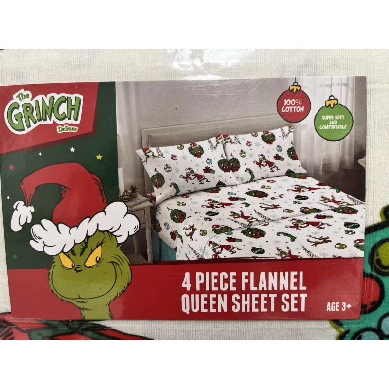 The GRINCH Max Dr. Seuss QUEEN Size 4 Pc Cotton