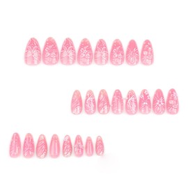Pink Summer French Tip Press on Nails with Floral Bow Stars Design Medium Almond False Nails for Women Reusable Fake Nails Full Cover Ballerina Stick on Nail for Daily Salon Manicure