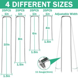Landscape Staples, 100 Pack 4/6/8/10 Inch 11 Gauge Galvanized Garden Staples, Landscape Stakes for Gardening, Garden Yard Lawn Ground Stakes for Securing Weed Barrier Fabric, Irrigation Tubing, Fence