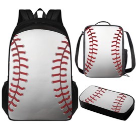 Fishoutleap Baseball Boys Backpack 6-8 Years Old Cool Kids School Bag for Primary School Boys 3 In 1 Book Bag with Lunch Box Pencil Case, White