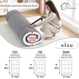 Welnow Japanese Futon Floor Mattress, Queen Size Thick Tatami Mat Portable & Foldable Roll Up Floor Bed Mattress with Storage Bag, Sleeping Pad for Adults, Dorm, Guest Bed, Camping and Travel, Black