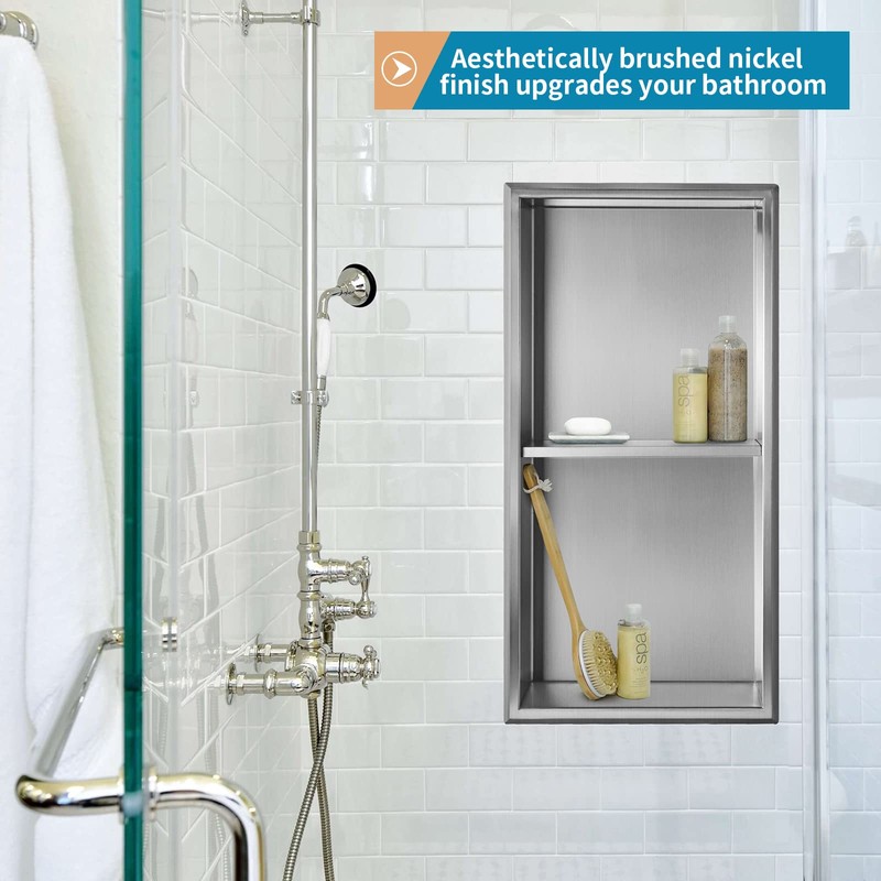 Sanbege 12"×24" Shower Niche with Divider, Brushed Stainless Steel Bathroom