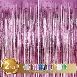 RIBBOOO 2 Pcs Pink Foil Fringe Tinsel Curtains, Metallic Glitter Curtain, Door Streamers for Stage, Birthday Wedding Baby Shower, Christmas Party Decoration (3.28 ft x 6.56 ft)