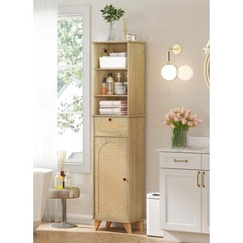 corpuwn 67'' Tall Bathroom Storage Cabinet with Adjustable Shelves, Narrow Freestanding Rattan Storage Cabinet with Anti-toppling Device & Magnetic Door for Bathroom, Living Room, Kitchen