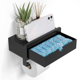 Domax Black Toilet Paper Holder with Shelf - Wall Mount/Adhesive Bathroom Toilet Paper Holder with Storage Drawer for Organizer Tampon or Small Items Bamboo Wood Tissue Toilet Paper Roll Holder, Small