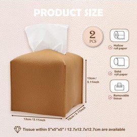 Tissue Box Cover, Square PU Leather Tissue Holder, Square Napkin Dispenser for Home, Hotel, Office, Vanity and Restaurant - 5 Inch Cube - 2 Pcs Brown