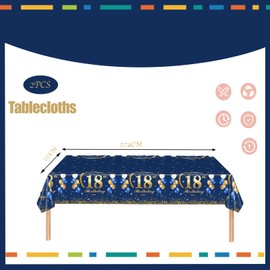Navy Blue Gold 18th Table Cloth - Happy Birthday Tablecloth for Boys, Girls, Men - 137*274cm Plastic Tablecloths for Him, Her