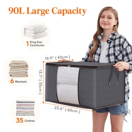 Lifewit Storage Bags, Pack of 3, 90 L, with Lid, Large Clothes Storage, Moving Boxes, Foldable Storage Boxes for Duvets, Blankets, Clothes, Underbed, Wardrobe, Grey