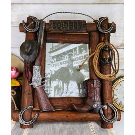 Ebros Gift Rustic Western Wild West Cowboy Hat Rifle Boot Spur Horseshoes Braided Lasso Ropes Picture Frame With Easel Back Stand Or Wall Hanger Cowboys Cowgirls Desert Old World Themed Accent