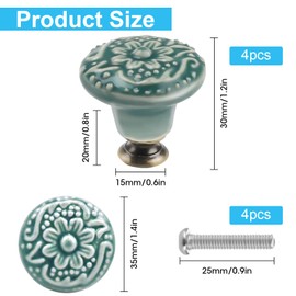 4 Pcs Ceramic Drawer Knobs, Vintage Flower Cabinet Knobs with Phillips Screwdriver, Handmade Embossed Door Knob Set Furniture Handle Cupboard Handle Cupboard Door Pulls, Diameter 1.4 inch (Green)