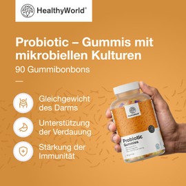 HealthyWorld Probiotic - Gummies with Microbial Cultures - Orange, Lemon and Blueberry Flavour - With Vitamin B12-90 Gummies (500 Million CFU per Serving) - For Gut Microflora