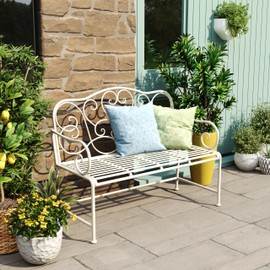 roomfitters Vintage Metal Garden Bench, Elegant Scrollwork Design, Weather-Resistant Outdoor Loveseat, Antique White