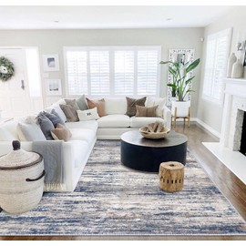 KOZYFLY Rugs for Living Room 8x10 Modern Ombre Living Room Area Rug, Washable Large Area Rugs Non-Slip Soft Striped Rug for Bedroom, Print Distressed Grey-Blue Abstract Carpet for Laundry/Kid Room