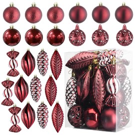 Prextex Christmas Ball Ornaments for Christmas Decorations (Wine Red) | 24 pcs Xmas Tree Shatterproof Ornaments with Hanging Loop for Holiday, Wreath and Party Decorations