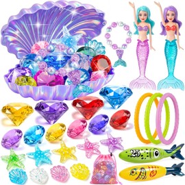 Jeowoqao Diving Pool Toys for Kids Diving Gem Treasure Chest, 29Pcs Seek Treasure Underwater Set Shark Dive,Diving Rings Summer Swimming Pool Party Sinking Toy for Kids 3-10 Multiple Competition Toys