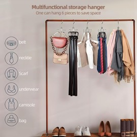 360° Swivel Belt Hanger for Wardrobe, Tie Rack Hanger with 6 Hooks, Suitable for Tie, Belt, Gloves, Scarves, Handbags (Wood Color)