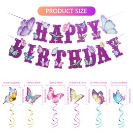 Butterfly Birthday Decorations, 13 PCS Butterfly Theme Hanging Swirls Happy Birthday Banner Schmetterling Geburtstag Banner Party Deko für Frauen Mädchen