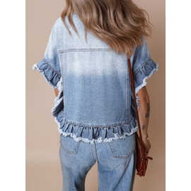 Sidefeel Womens Denim Jackets Casual Short Sleeve Button Down Ruffle Jean Jackets Trendy Washed Jean Jackets Light Blue L