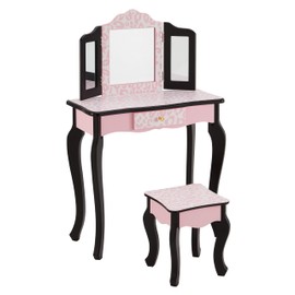 Kids Vanity Table & Stool Set, Girls Vanity Set with Detachable Tri-Folding Mirror and Drawer, 2 in 1 Princess Makeup Dressing Table and Writing Desk for Girls, Kids Age 3-8 (Black)