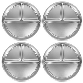 Set of 4 Stainless Steel Divided Plates, 3 Compartment Unbreakable Portion Control Platters for Adults and Kids, Reusable, Dishwasher-Safe Food Trays for Camping, School, Lunch, Dinner